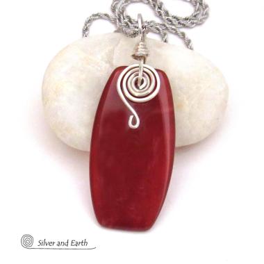 Burnt Orange Carnelian Gemstone Pendant Necklace with Sterling Silver Spiral Accents 