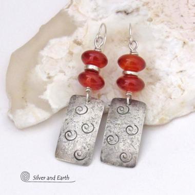 Sterling Silver Earrings with Spiral Stamped Texture and Rusty Orange Carnelian Gemstones