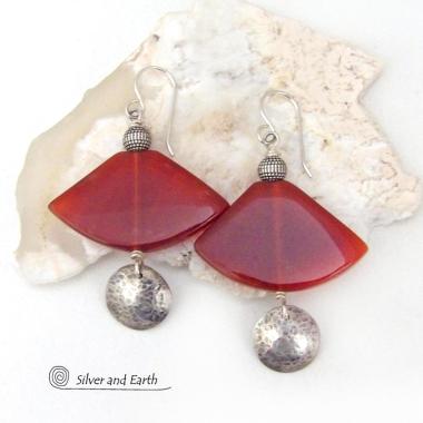 Sterling Silver Earrings with Carnelian Gemstones - Bold Unique One of a Kind Jewelry