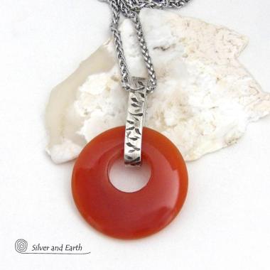 Orange Carnelian Sterling Silver Pendant Necklace -  Earthy Modern Natural Gemstone Jewelry