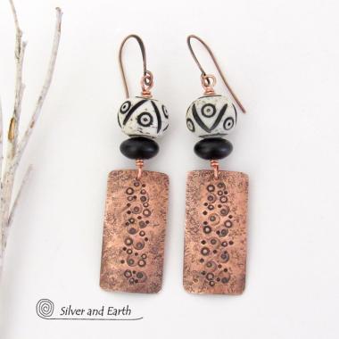 Textured Copper Earrings with African Carved Bone & Black Beads - Ethnic Boho Tribal Style Handmade Jewelry