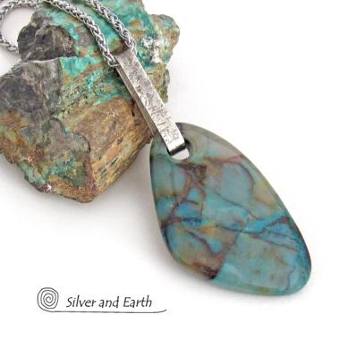 Large Blue Chrysocolla Quartz Gemstone Sterling Silver Necklace - One of a Kind Unique Natural Stone Jewelry 