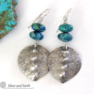 Sterling Silver Earrings with Blue Green Chrysocolla Stones - Earthy Modern Silver Jewelry