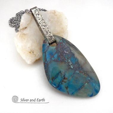 Large Blue Chrysocolla Quartz Gemstone Sterling Silver Necklace - One of a Kind Unique Natural Stone Jewelry 