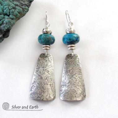 Sterling Silver Dangle Earrings with Chrysocolla Stones - Artisan Handmade Modern Silver Jewelry