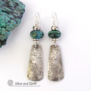 Sterling Silver Dangle Earrings with Chrysocolla Stones - Artisan Silversmith Jewelry