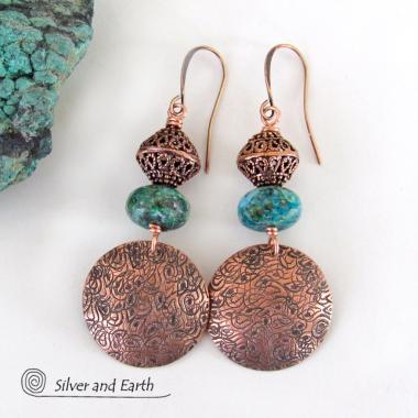 Hand Stamped Copper Dangle Earrings with Chrysocolla Gemstones & Filigree Beads - Modern Boho Chic Artisan Handmade Jewelry