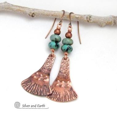 African Turquoise Copper Dangle Earrings - Earthy Chic Boho Bohemian Artisan Handmade Jewelry