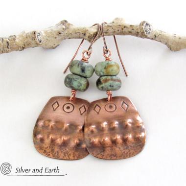 Southwest Style Stamped Copper Earrings with African Turquoise Stones