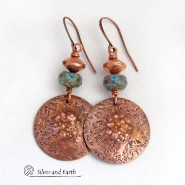 Hammered Copper Earrings with Faceted Blue Calsilica Jasper Stones and Brushed Satin Copper Beads