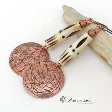 African Tribal Earrings with Copper Dangles & African Carved Bone - Boho Tribal Jewelry