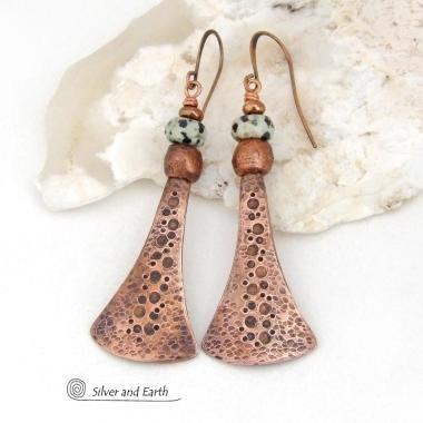 Long Copper Dangle Earrings with Dalmatian Jasper Stones - Artisan Handmade Earthy Chic Boho Style Jewelry