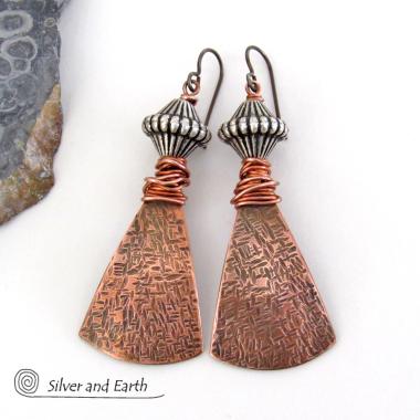 Bohemian Tribal Copper Earrings with Silver Beads - Unique Handcrafted Mixed Metal Jewelry