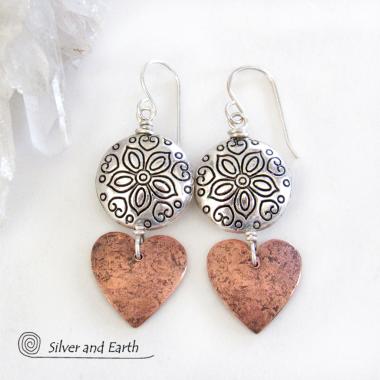 Mixed Metal Copper Heart Earrings with Pewter Beads - Romantic Jewelry Gifts for Women