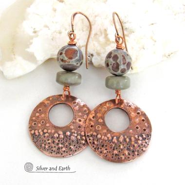 Bold Copper Statement Earrings with Rustic Bumpy Texture and Spotted Asteroid Jasper and Gray Jasper Stones