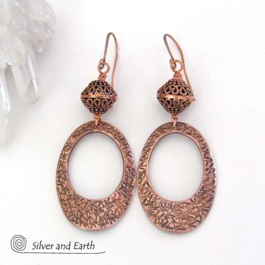 Modern Copper Oval Hoop Earrings with Filigree Beads - 7th Anniversary Gifts for Women