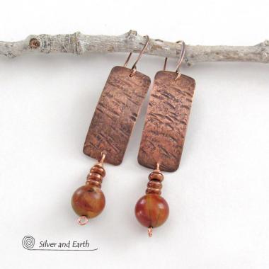 Hammered Textured Copper Earrings with Dangling Earthy Natural Red Creek Jasper Stones