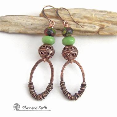 Wire Wrapped Copper Hoop Earrings with Filigree Beads & Green Serpentine Gemstones