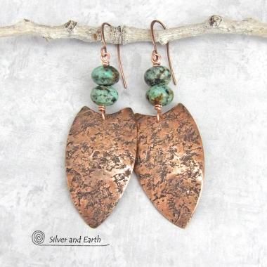 Large Copper Tribal Shield Earrings with Natural African Turquoise Stones 