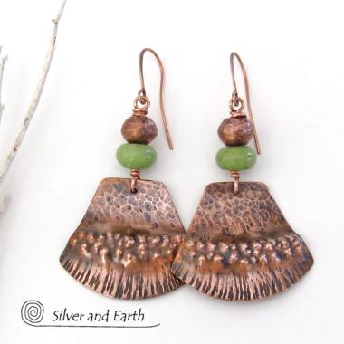 Textured Copper Earrings with Green Serpentine Stones - Rustic Earthy Bohemian Tribal Style Jewelry
