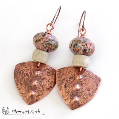 Copper Boho Tribal Shield Earrings with Natural Leopard Skin Jasper Stones & African Glass Beads