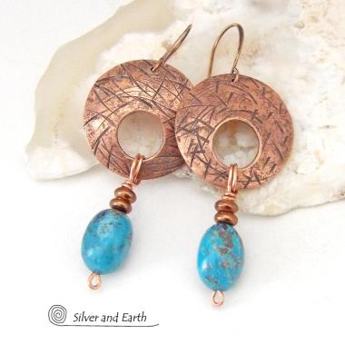 Textured Copper Earrings with Natural Blue Turquoise Stone Dangles - Modern Boho Style Jewelry