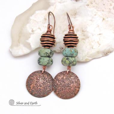 Textured Copper Dangle Earrings with African Turquoise Stones - Earthy Chic Natural Stone Jewelry