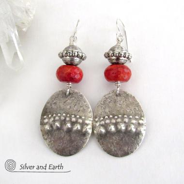 Textured Sterling Silver Oval Dangle Earrings with Red Coral - Modern Tribal Jewelry