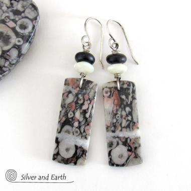 Crinoid Fossil Stone Earrings with Black Onyx & Mother of Pearl - One of a Kind Ancient Fossil Jewelry