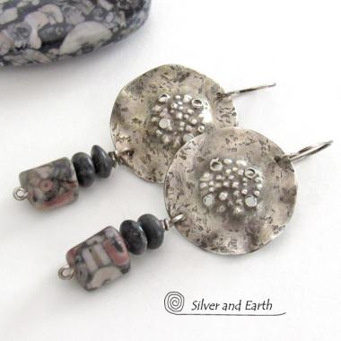 Crinoid Fossil Sterling Silver Earrings with Gray Jasper Stones - Modern Edgy Rustic Organic Silver Jewelry
