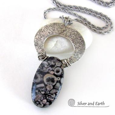 Crinoid Fossil Sterling Silver Necklace - One of a Kind Fossil Stone Jewelry