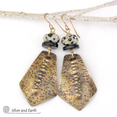 Hammered Gold Brass Tribal Earrings with Dalmatian Jasper & Black Onyx Stones