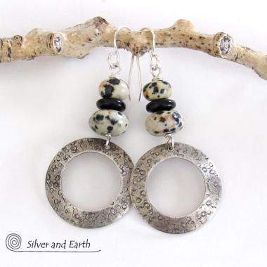 Sterling Silver Hoop Earrings with Dalmatian Jasper Stones