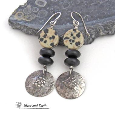 Sterling Silver Earrings with Dalmatian Jasper Stones & Black Glass Beads - Rustic Earthy Modern Artisan Handcrafted Jewelry