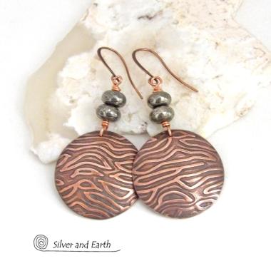 Modern Round Copper Earrings with Embossed Texture and Gray Pyrite Gemstones