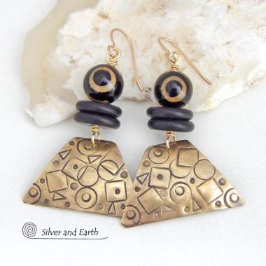 Hand Stamped Gold Brass Earrings with Tibetan Eye Agate Stones - Artisan Handcrafted Abstract Funky Mod Jewelry