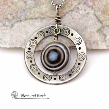 Silver Pewter Hand Stamped Circle Necklace with Black White Eye Agate Stone - Bold Unique One of a Kind Jewelry