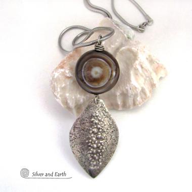 Sterling Silver Necklace with Black Banded Eye Agate Gemstone - Unique Earthy Natural Stone Jewelry