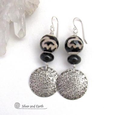 Sterling Silver Earrings with Black and White Tibetan Agate and Onyx Gemstones - Modern Boho Chic Jewelry