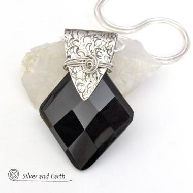 Sterling Silver Pendant Necklace with Faceted Black Onyx Gemstone