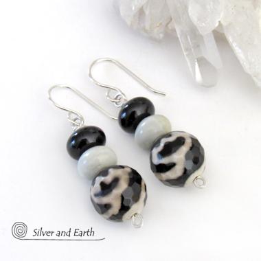 Tibetan Agate Earrings with Black Onyx on Sterling Silver Ear Wires - Small Black and White Gemstone Drop Earrings - Ethnic Tribal Style Jewelry