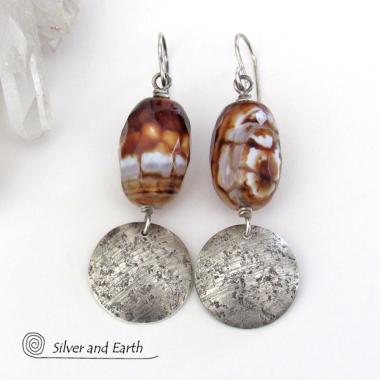 Faceted Black & White Agate Gemstone Earrings with Round Textured Sterling Silver Dangles