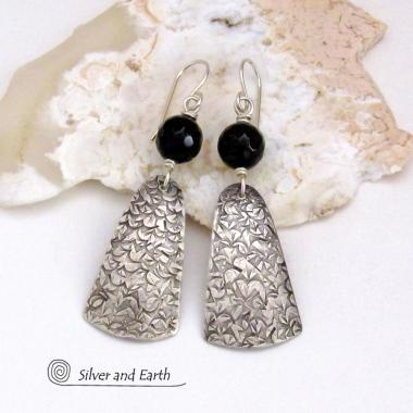 Modern Sterling Silver Dangle Earrings with Black Onyx Gemstones