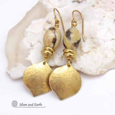 Gold Brass Dangle Earrings with Graphic Feldspar Moonstones - Modern Elegant Earthy Chic Jewelry