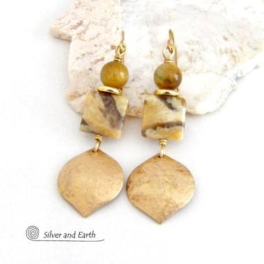 Shiny Gold Brass Dangle Earrings with Graphic Feldspar and Golden Tiger's Eye Gemstones