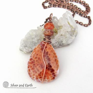 Orange Fire Agate Gemstone Pendant Necklace Wire Wrapped in Copper - Earthy Modern One of a Kind Gemstone Jewelry