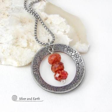 Hand Stamped Silver Pewter Circle Pendant Necklace with Faceted Orange Fire Agate Gemstones 