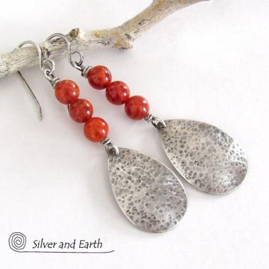 Hammered Sterling Silver Teardrop Earrings with Orange Fire Agate Gemstones