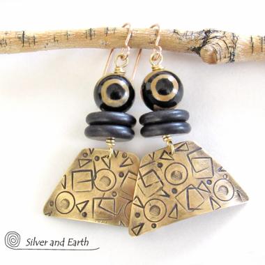 Hand Stamped Gold Brass Earrings with Tibetan Eye Agate Stones - Artisan Handcrafted Abstract Funky Mod Jewelry