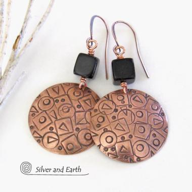 Hand Stamped Copper Earrings with Mod Abstract Texture & Black Jasper Stones - Unique Artsy Handmade Metalwork Jewelry